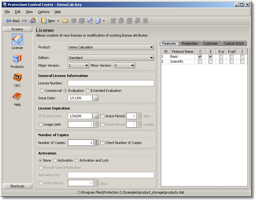 Screenshot of Protection! Licensing Framework Standard